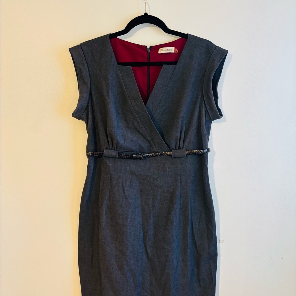 Calvin Klein Gray Sheath Midi Dress V-Neck Sleeveless